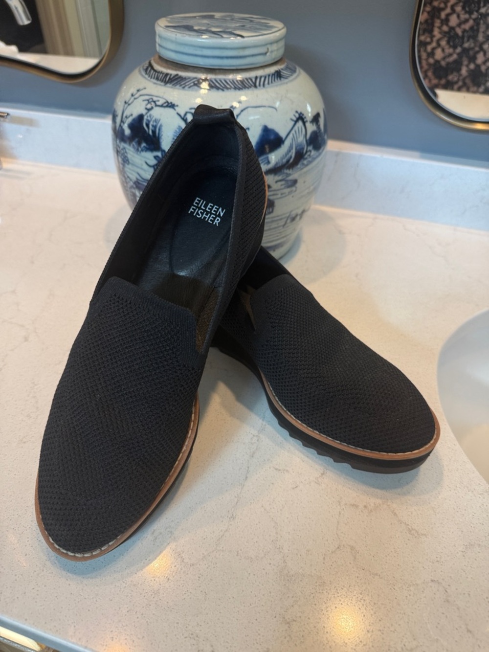 Eileen Fisher Black Knit Wedge Slip-On Sneakers